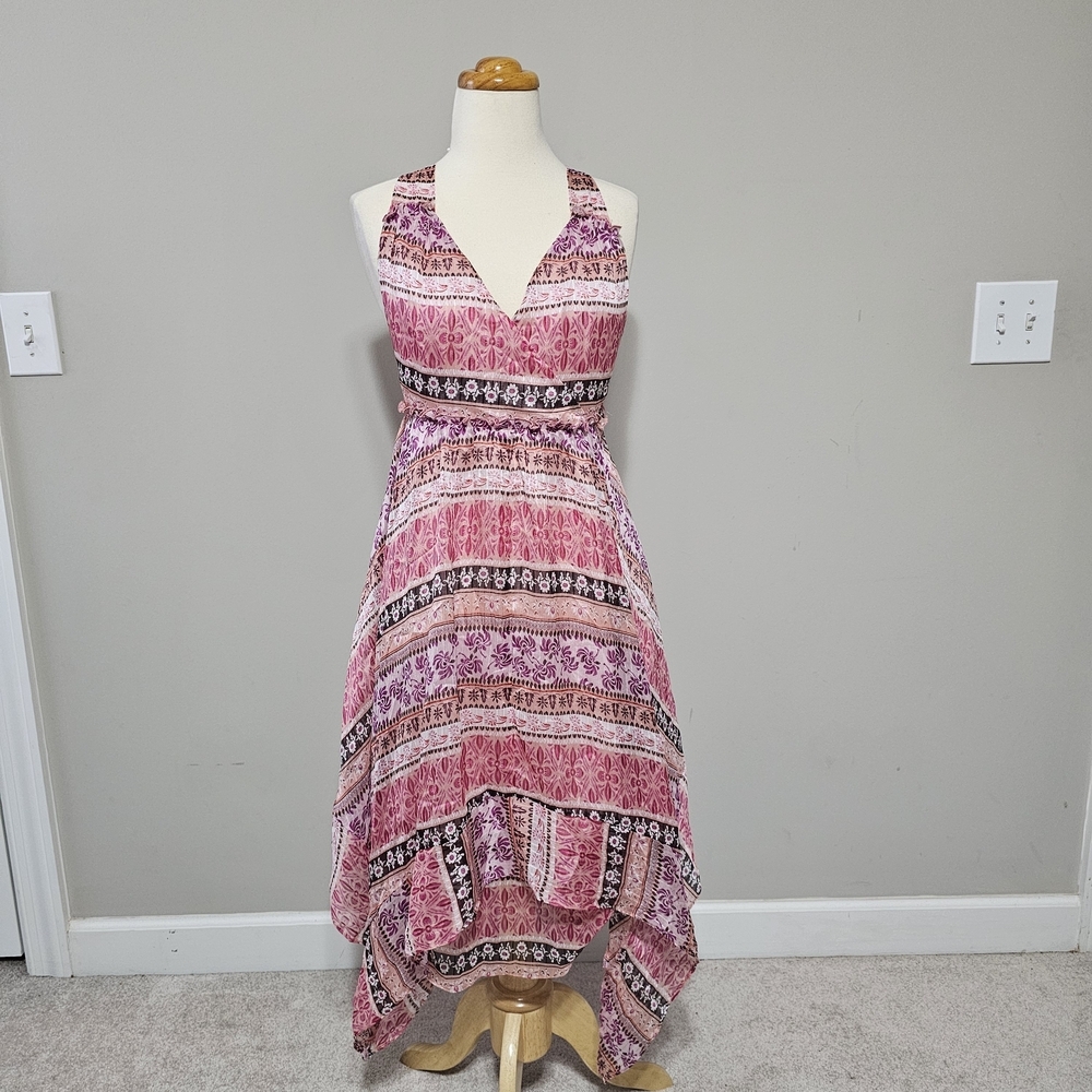 Xhilaration Pink Boho Print Halter Handkerchief Hem Dress Size M